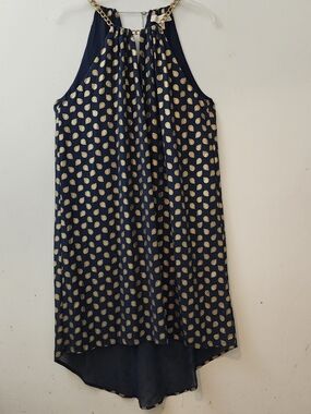 Michael Kors Dress S Chain Halter Navy Gold Metallic Glam Luxury Hi/Low Elegant